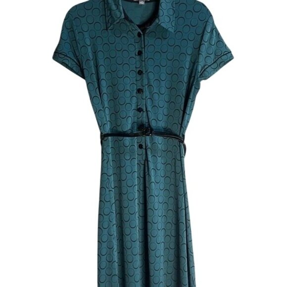 APT 9 Vintage Teal Shirt Polka Dot Midi Shirt Belt Waist Dress Button Front PM - Picture 2 of 11